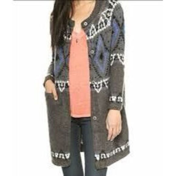 Free People Frosted Fair Isle Mohair Long Cardigan Shacket Sweater Size M - Picture 10 of 12